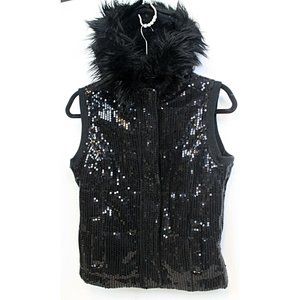NWT Aeropostale Jrs Sz M Black Sequin Insulated Vest Removeable Faux Fur Trim